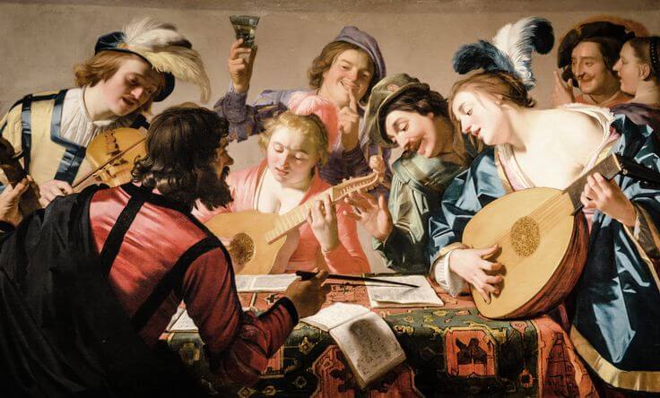des musiciens (luth, et violonistes) habillés à l'ancienne sont réunis autour d'une table et chantent en suivant une partition